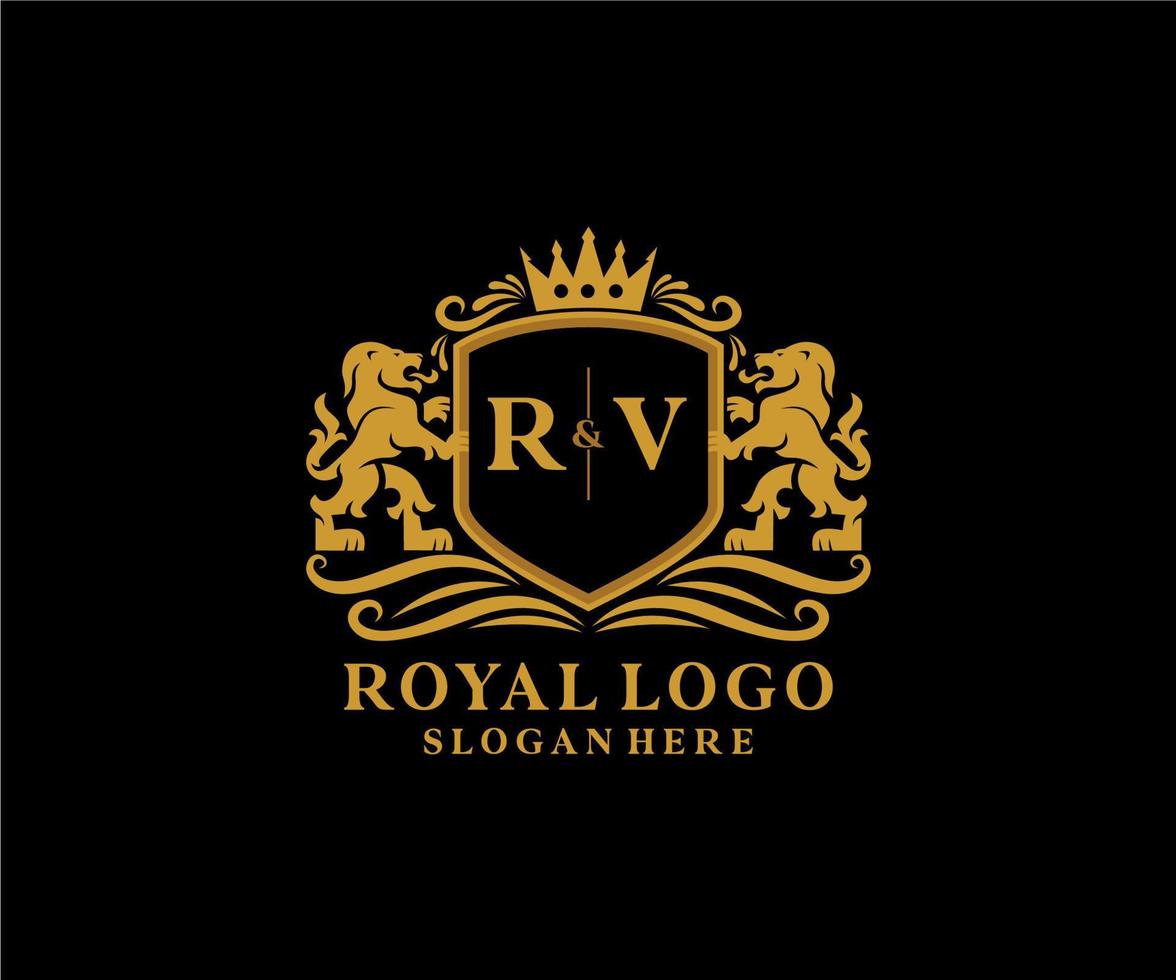 första rv brev lejon kunglig lyx logotyp mall i vektor konst för restaurang, kungligheter, boutique, Kafé, hotell, heraldisk, Smycken, mode och Övrig vektor illustration.