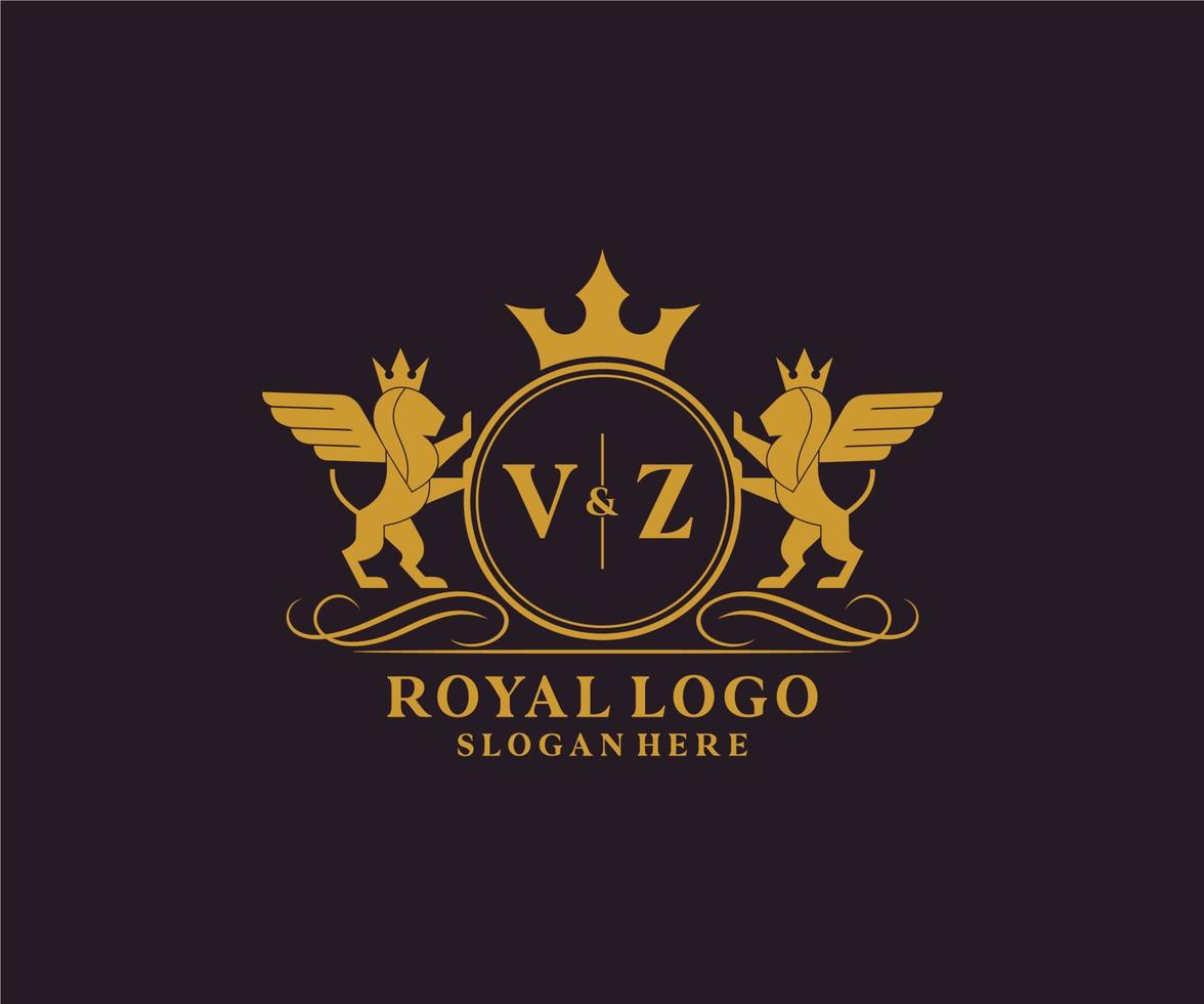 första vz brev lejon kunglig lyx heraldisk, vapen logotyp mall i vektor konst för restaurang, kungligheter, boutique, Kafé, hotell, heraldisk, Smycken, mode och Övrig vektor illustration.