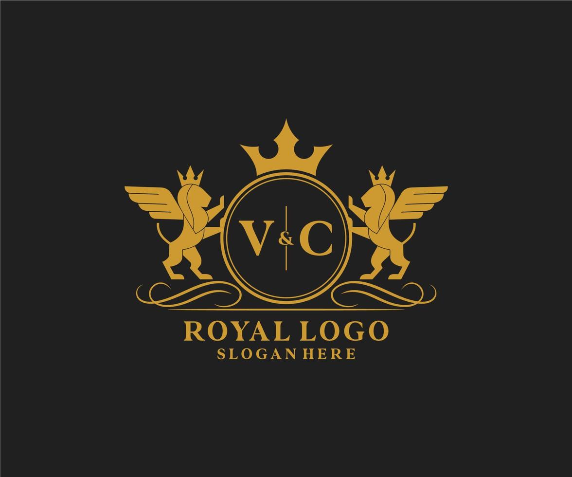 första vc brev lejon kunglig lyx heraldisk, vapen logotyp mall i vektor konst för restaurang, kungligheter, boutique, Kafé, hotell, heraldisk, Smycken, mode och Övrig vektor illustration.