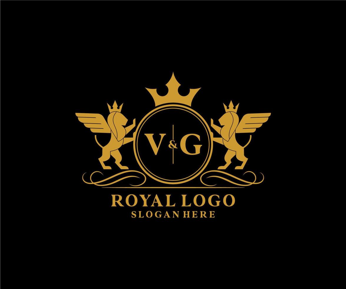 första vg brev lejon kunglig lyx heraldisk, vapen logotyp mall i vektor konst för restaurang, kungligheter, boutique, Kafé, hotell, heraldisk, Smycken, mode och Övrig vektor illustration.
