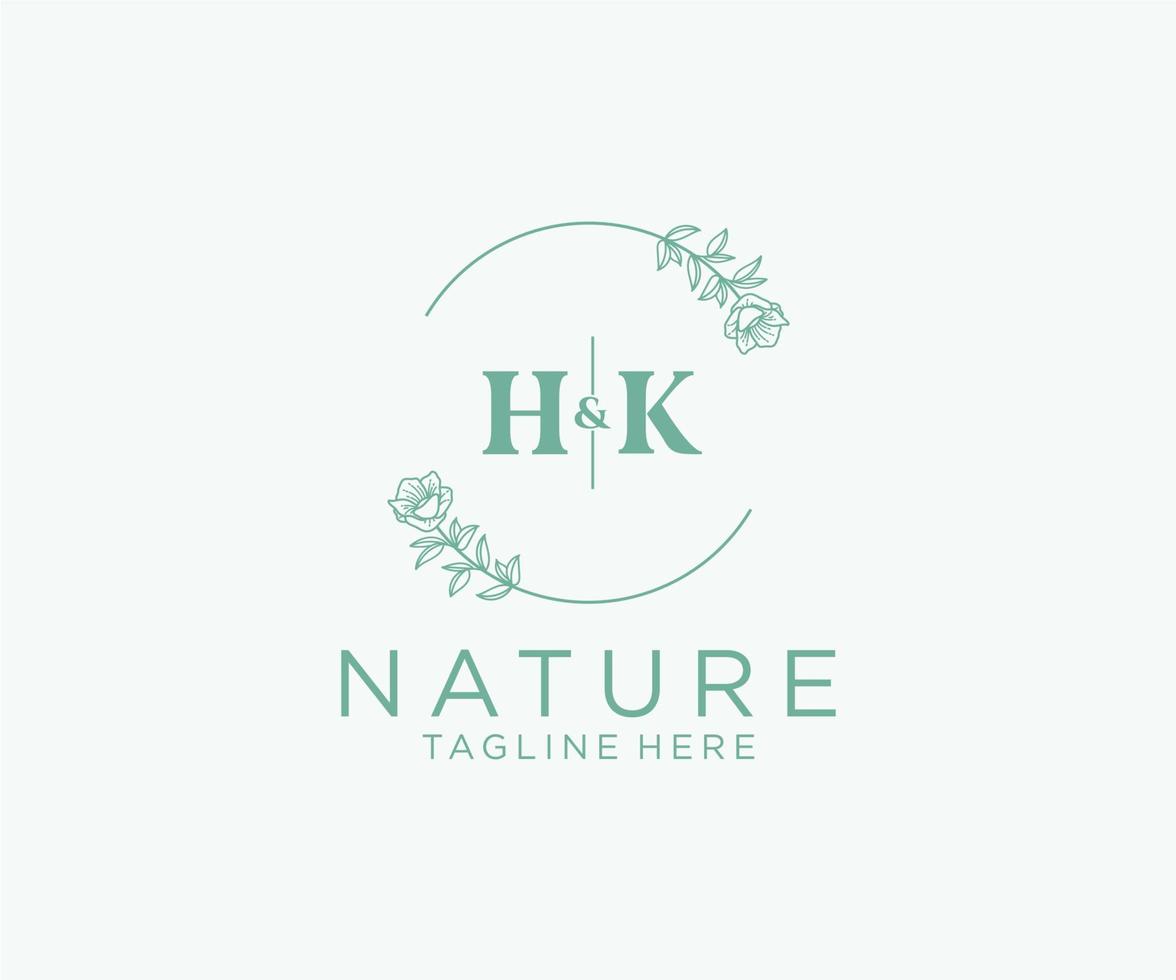 första hk brev botanisk feminin logotyp mall blommig, redigerbar förhandsgjord monoline logotyp lämplig, lyx feminin bröllop varumärke, företags. vektor