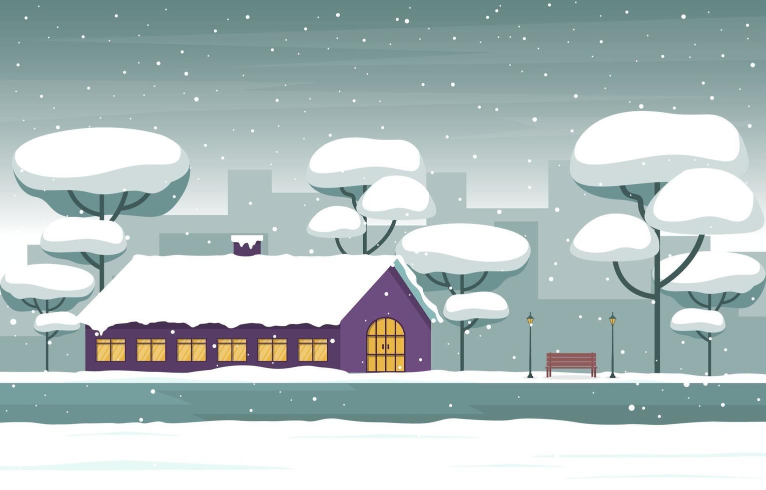 gemütliche schneebedeckte Winterstadtszene mit Bäumen und Zuhause vektor