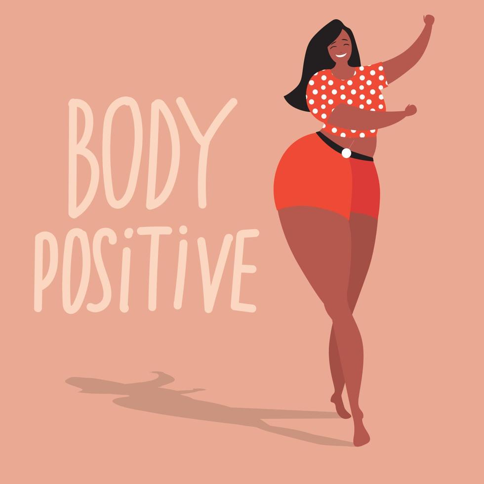 glücklich Plus Größe Frau ist Tanzen. Körper positiv Konzept. International Damen Tag. 8 März Karte. mental Gesundheit vektor