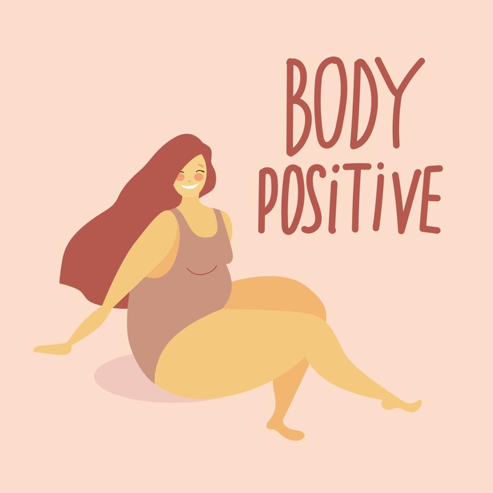 Lycklig plus storlek kvinna klädd i baddräkt. kropp positiv begrepp. internationell kvinnors dag. 8 Mars kort. mental hälsa vektor