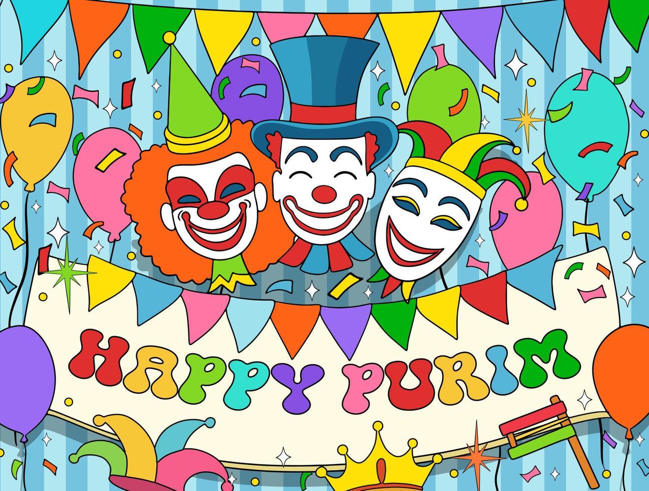 banderoll för judisk helgdag purim med masker och traditionella rekvisita. glad purim önskar, grattis. vektor illustration