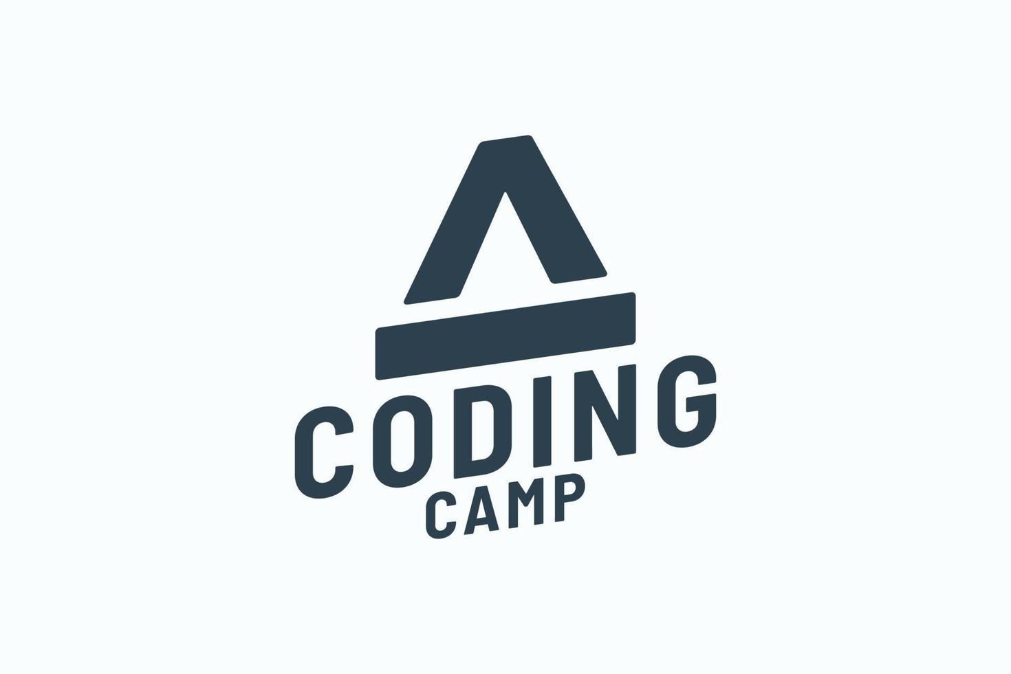 kodning läger logotyp med en kombination av sträng olikhet och en minus- tecken formad tycka om en tält. vektor