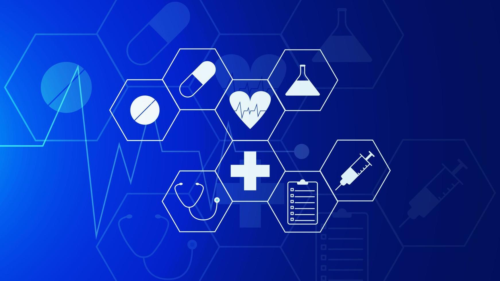 Gesundheitswesen und Technologie Konzept mit Symbole. minimal Hintergrund zum pharmazeutische Industrie, Gesundheit Pflege Geschäft, Medizin, medizinisch Forschung und Wissenschaft. Vektor Illustration.