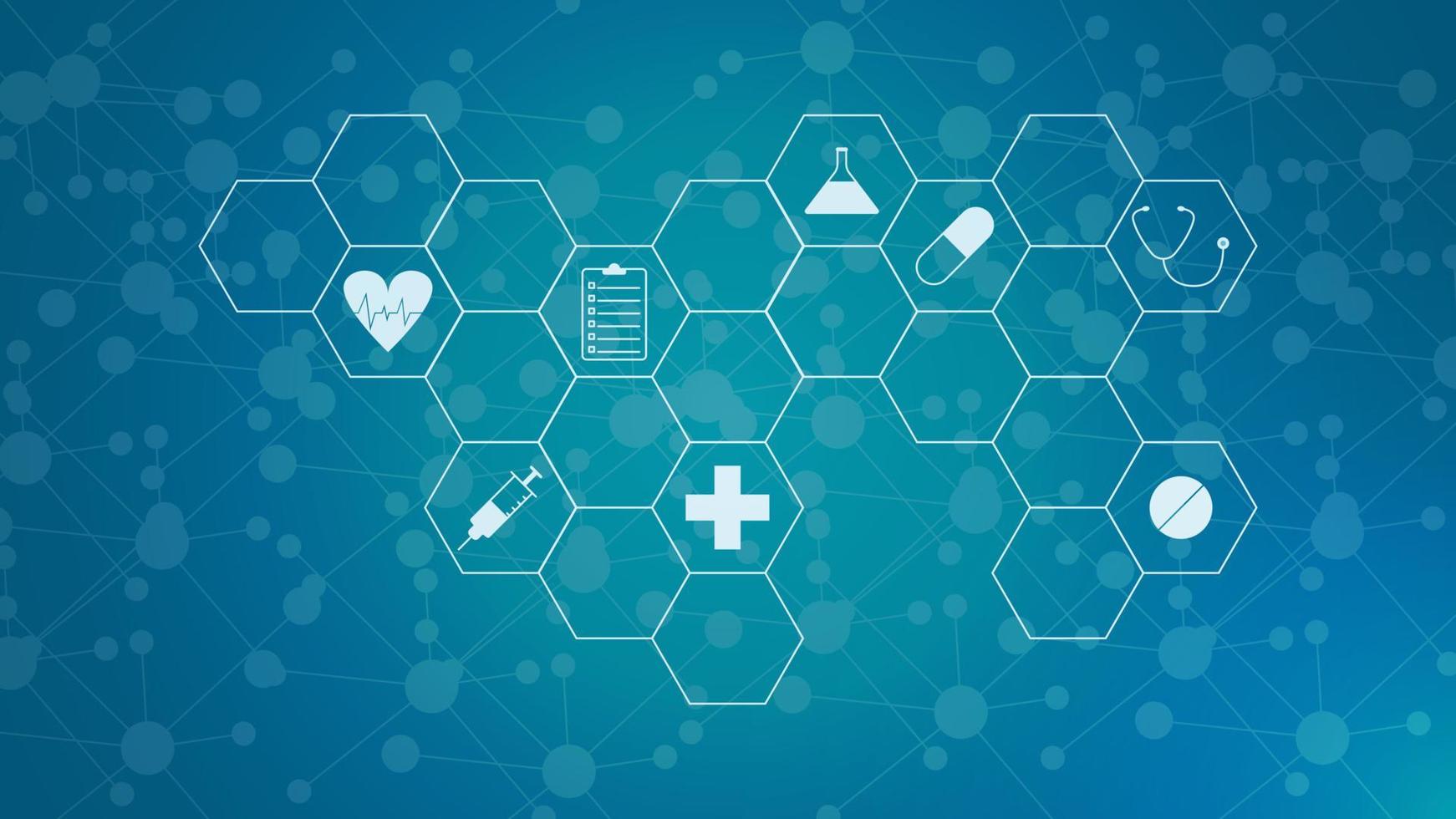 sjukvård och teknologi begrepp med ikoner. minimal bakgrund för farmaceutisk industri, hälsa vård företag, medicin, medicinsk forskning och vetenskap. vektor illustration.