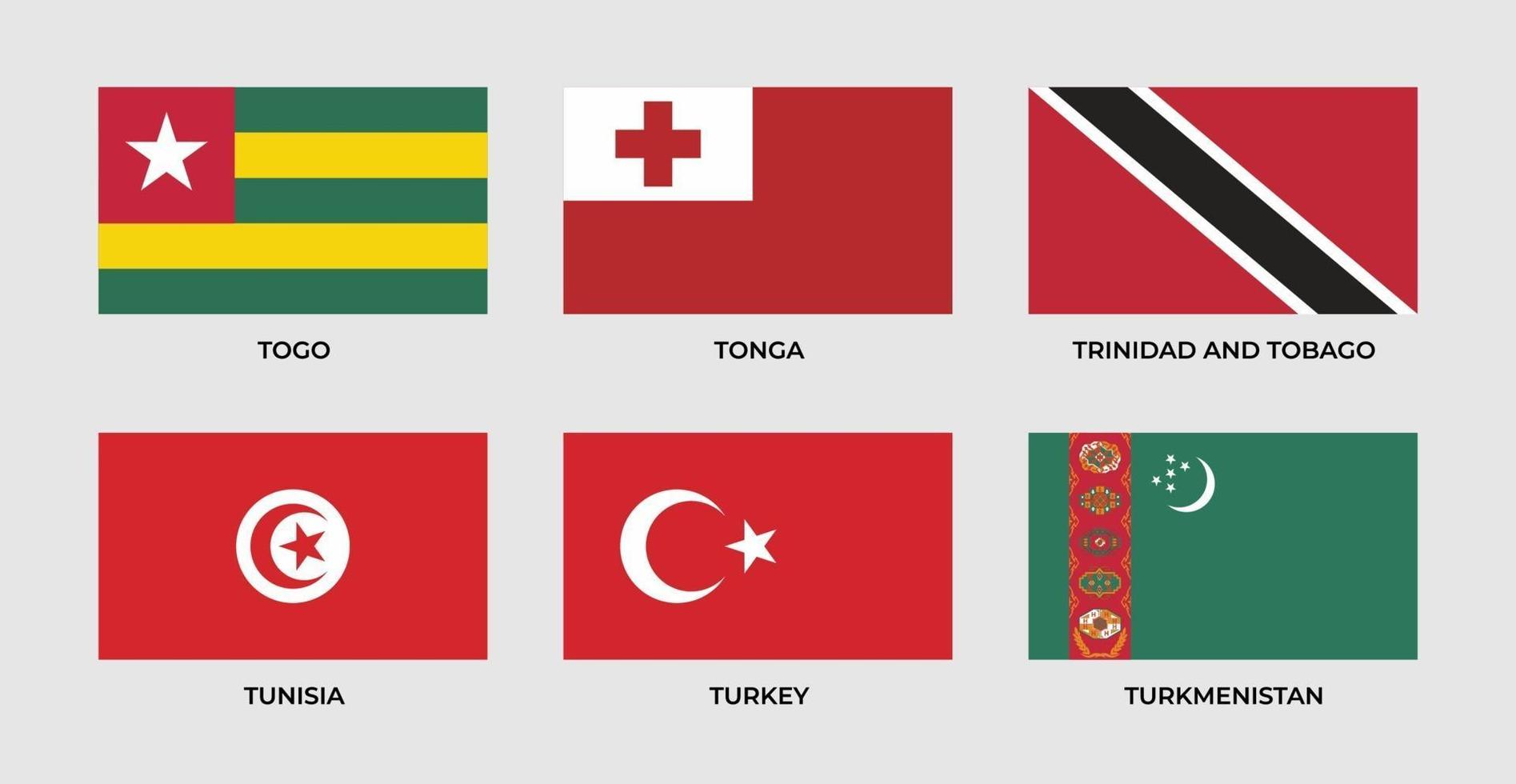 Ställ in flaggan för Togo, Tonga, Trinidad och Tobago, Tunisien, Turkiet, Turkmenistan vektor