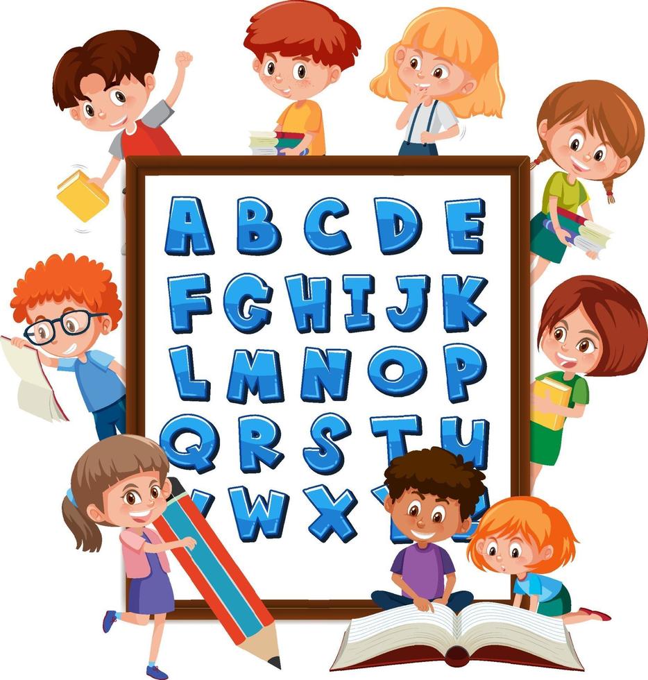 Az Alphabet Board mit vielen Kindern, die verschiedene Aktivitäten ausführen vektor