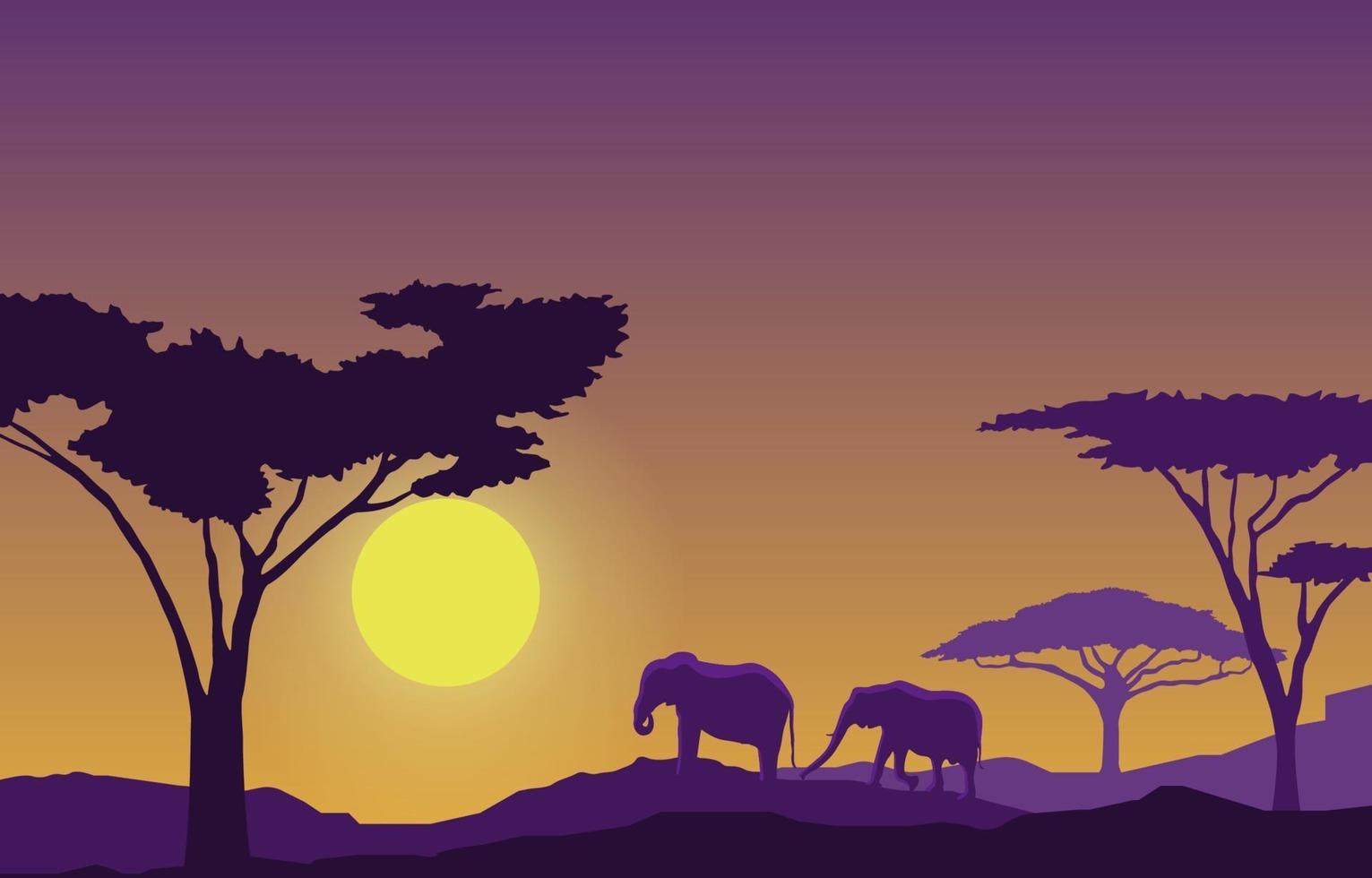 Elefanten in der afrikanischen Savannenlandschaft während der Sonnenuntergangsillustration vektor