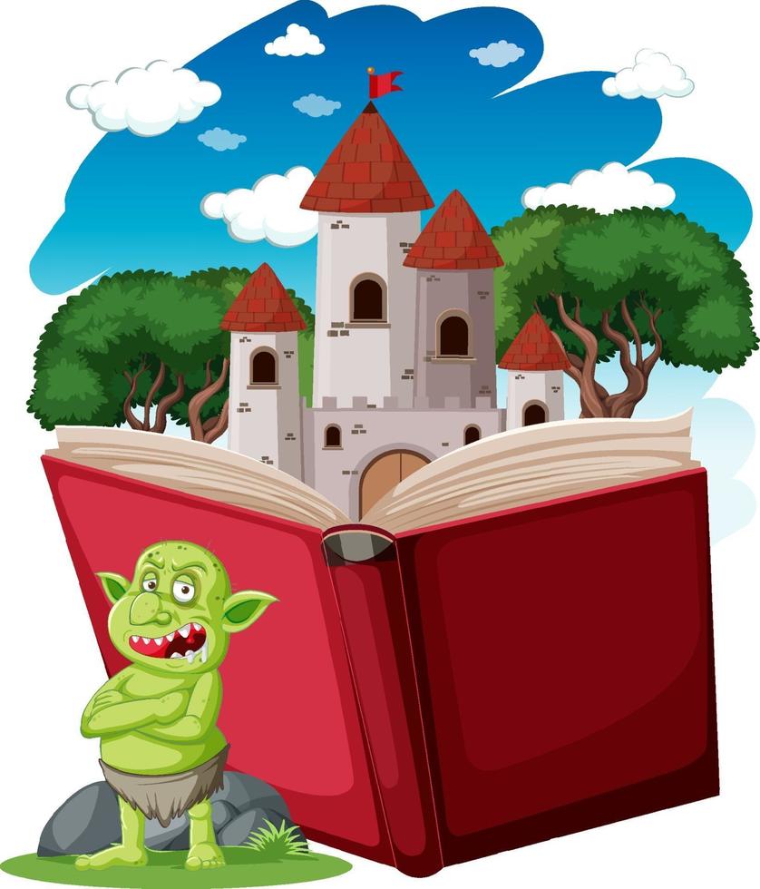Goblin- oder Troll-Zeichentrickfigur mit einem Geschichtenbuch vektor