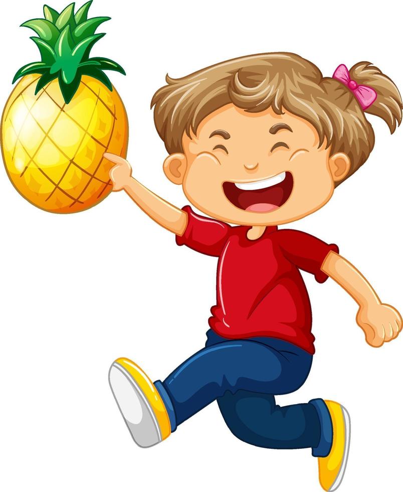 glückliche Mädchenkarikaturfigur, die eine Ananas hält vektor