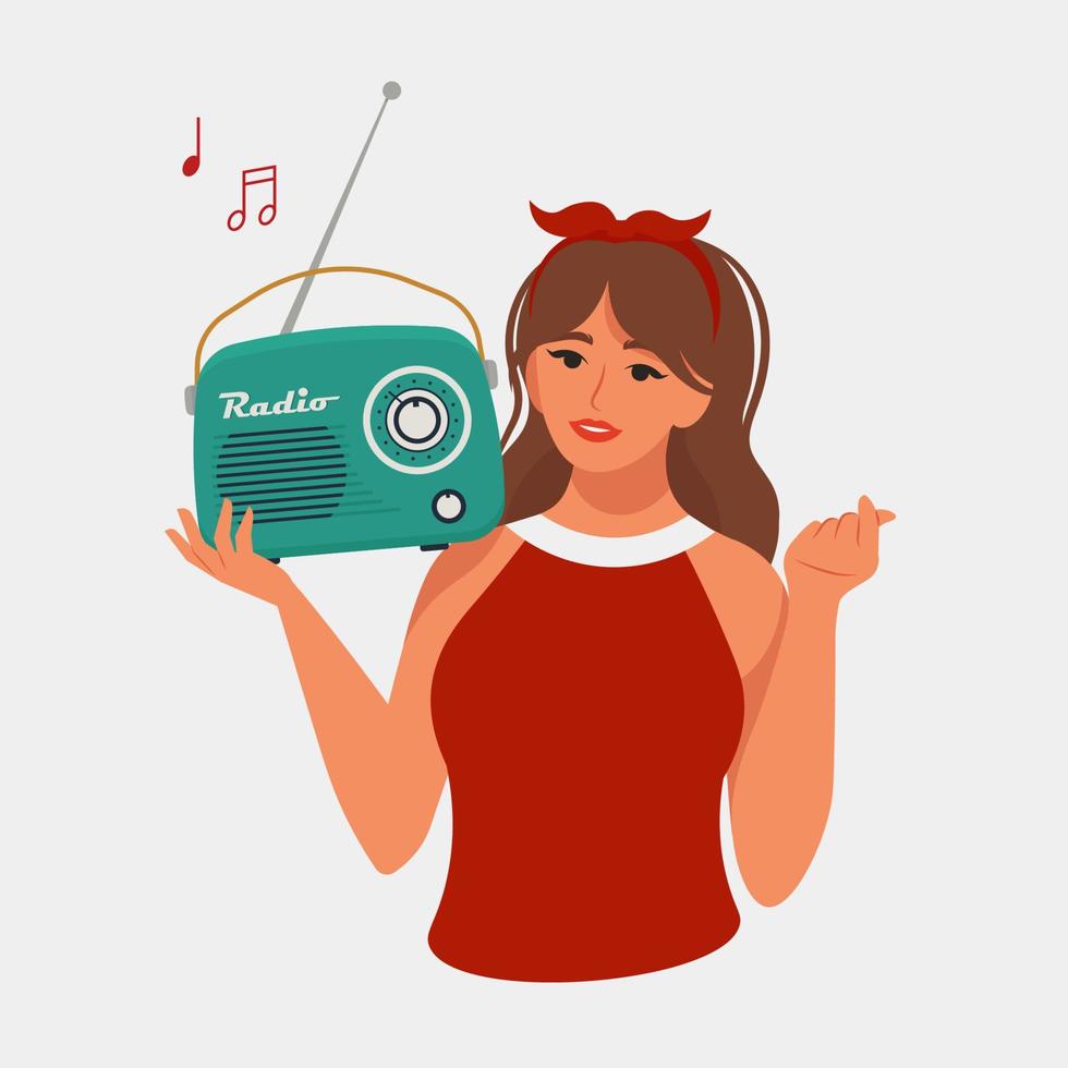 Frau halten ein retro Radio und Hören zu Musik. Vektor Illustration im eben Stil