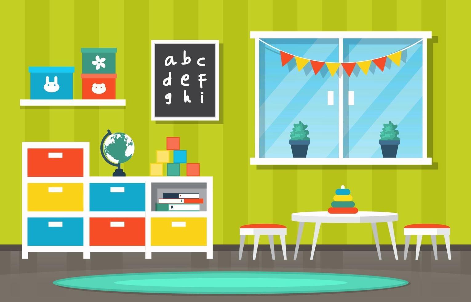 bunter Kindergarten oder Grundschulklassenraum mit Schreibtischen und Spielzeugillustration vektor
