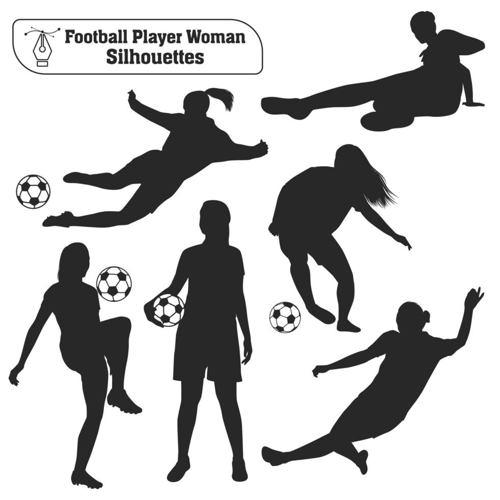 vektorsammlung von weiblichen spielenden fußball- oder fußballsilhouetten in verschiedenen posen vektor