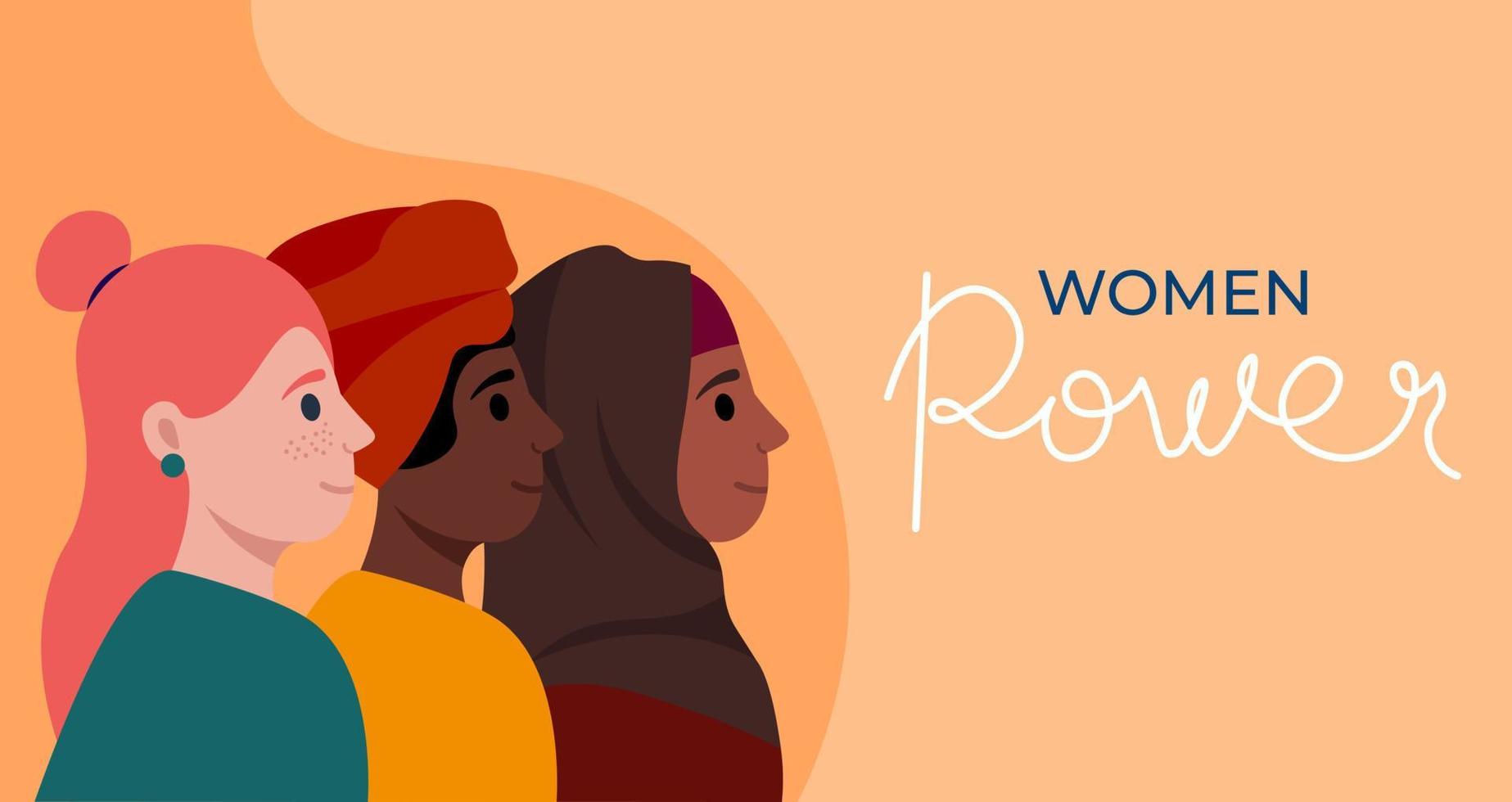 baner med stark mångkulturell kvinnor för internationell kvinnor dag vektor illustration i platt stil