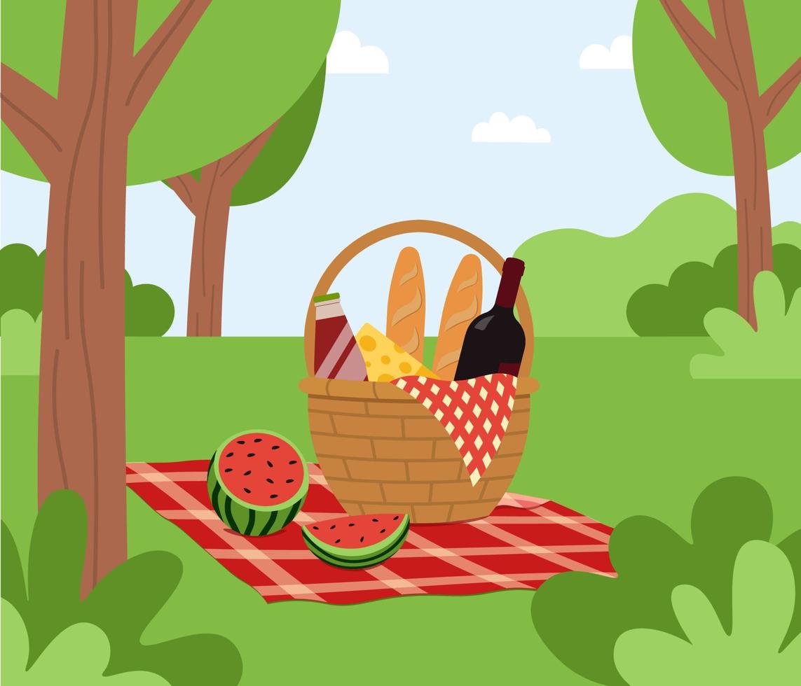 Picknick auf das Wiese im das Wald mit Korb Frühling oder Sommer- Vektor Illustration im eben Stil
