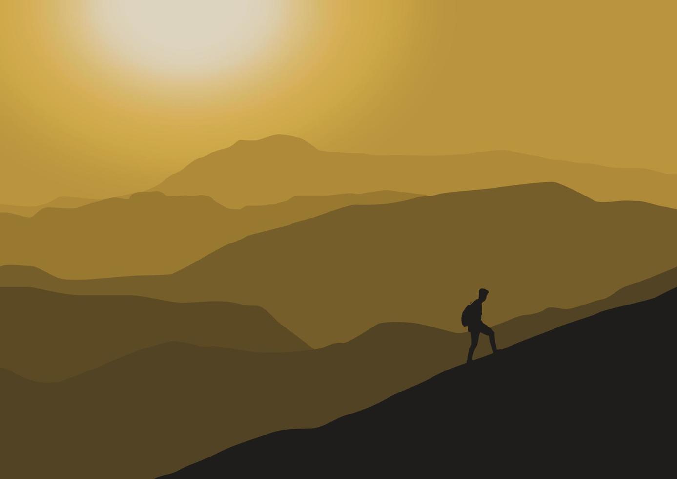 Silhouette von ein Person im das Berge beim Sonnenuntergang, Vektor Illustration.