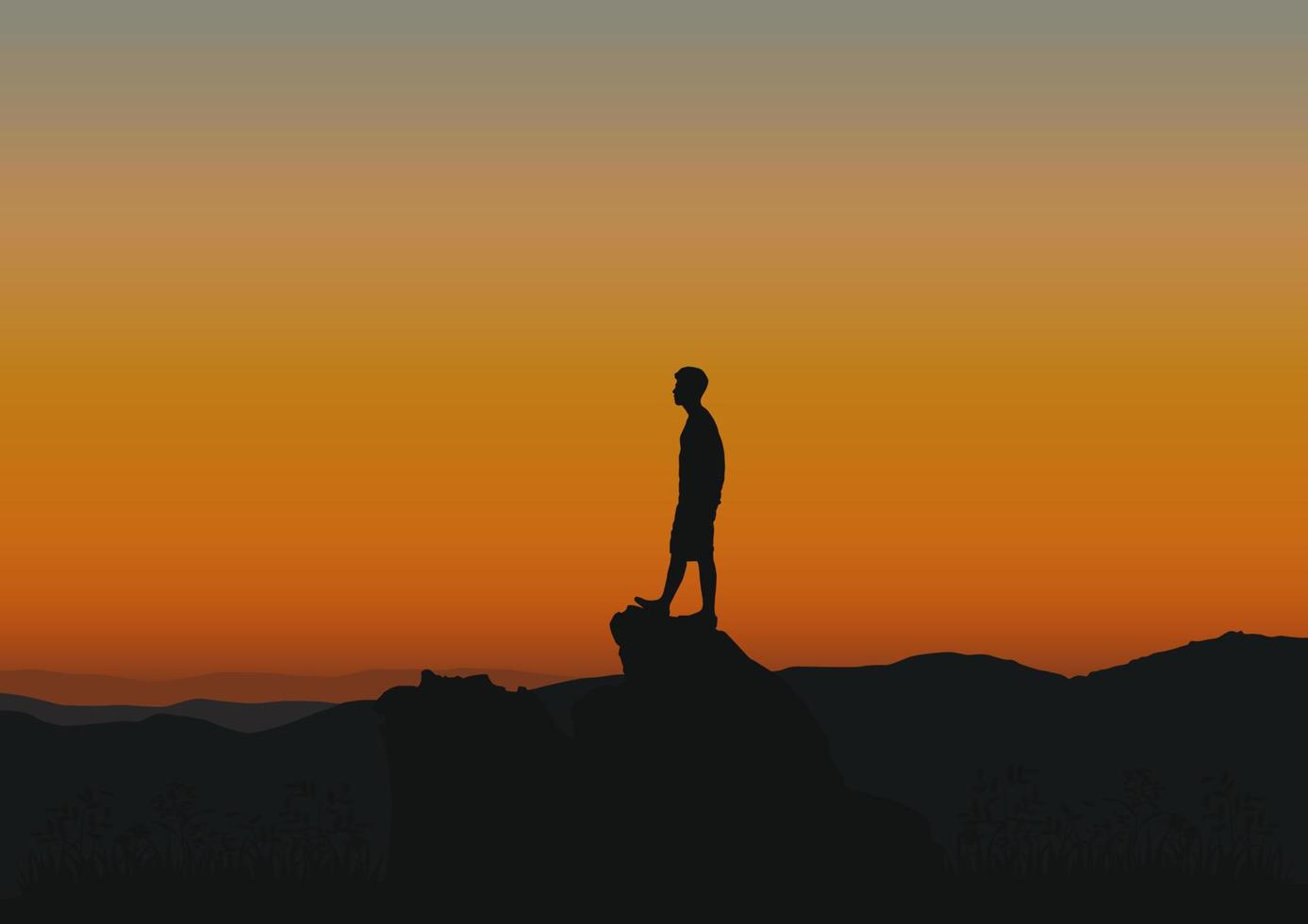 silhuett av en person på de sten på solnedgång, vektor illustration.