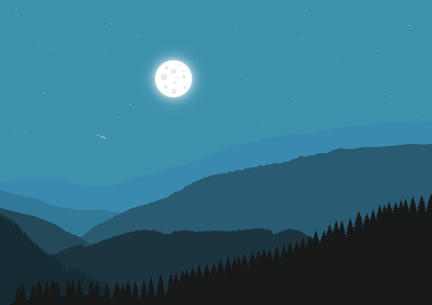 Nacht Landschaft mit Berge und ein voll Mond, Vektor Illustration.