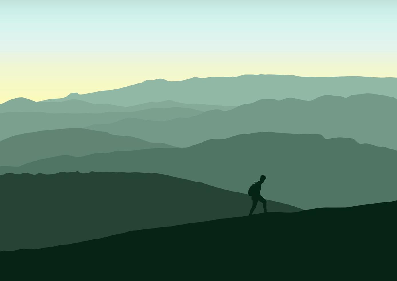 silhuett av en person i de bergen i de morgon, vektor illustration.