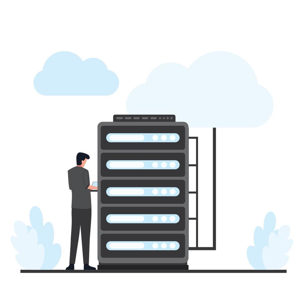 Mann, der das Cloud-Hosting im Server repariert vektor