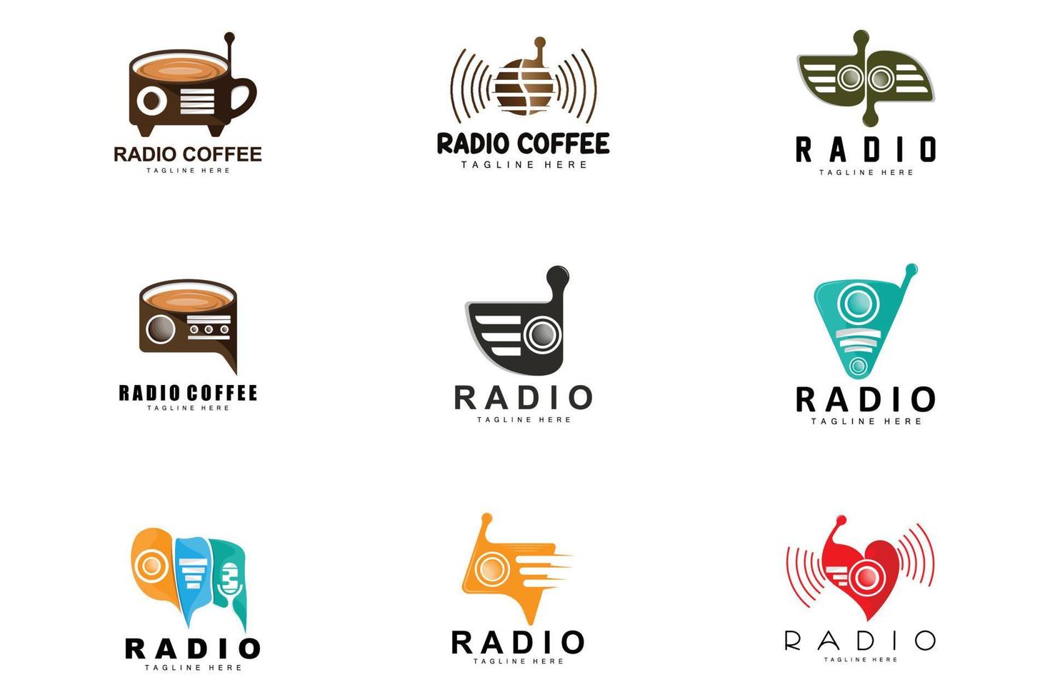 kaffe radio logotyp, podcast radio design, kaffe ikon, kaffe Kafé logotyp produkt varumärke vektor