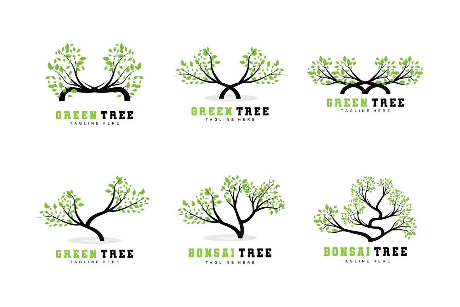 grünes Baum-Logo-Design, Bonsai-Baum-Logo-Illustration, Blatt- und Holzvektor vektor