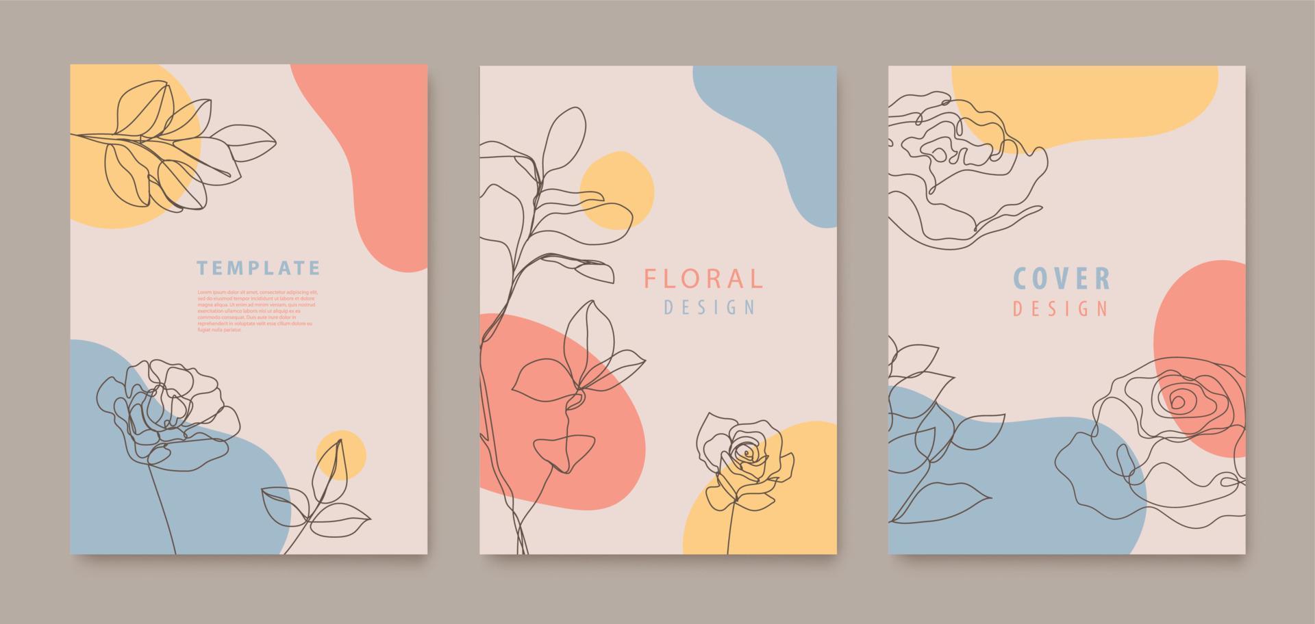 vektor uppsättning av kontinuerlig linje blommor, löv täcker, banderoller, affischer, kort, social media berättelser, flygblad design mallar. trendig design med vågor, pastell färger