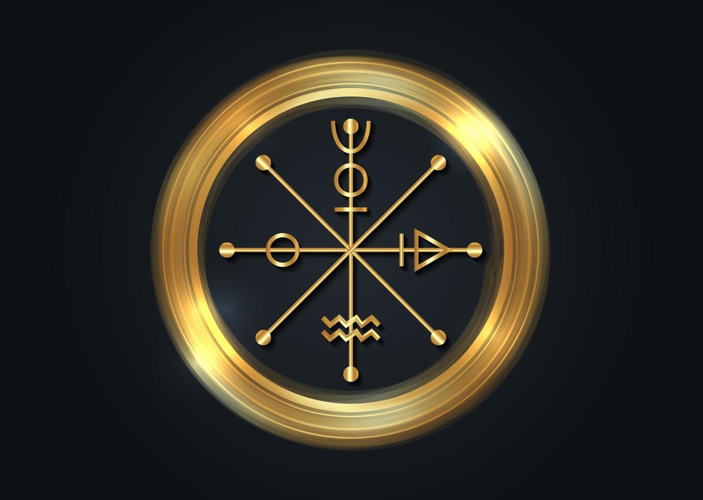 das Rad von Schicksal Tarot Symbol, Gold weltweit uralt Zeichen, das Zyklus von Leben, magisch Hexe Talisman Glücklich Charme, golden runden Symbol von heilig Geometrie isoliert auf schwarz Hintergrund vektor