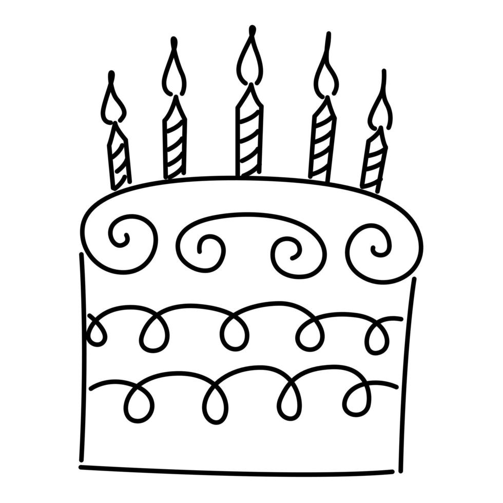 födelsedag kaka linje teckning, klotter födelsedag kaka, svart linje på vit bakgrund vektor