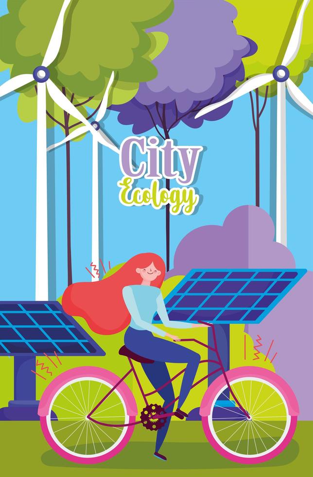 Frau, die ein Fahrrad im Freien in einer Öko-Stadt fährt vektor