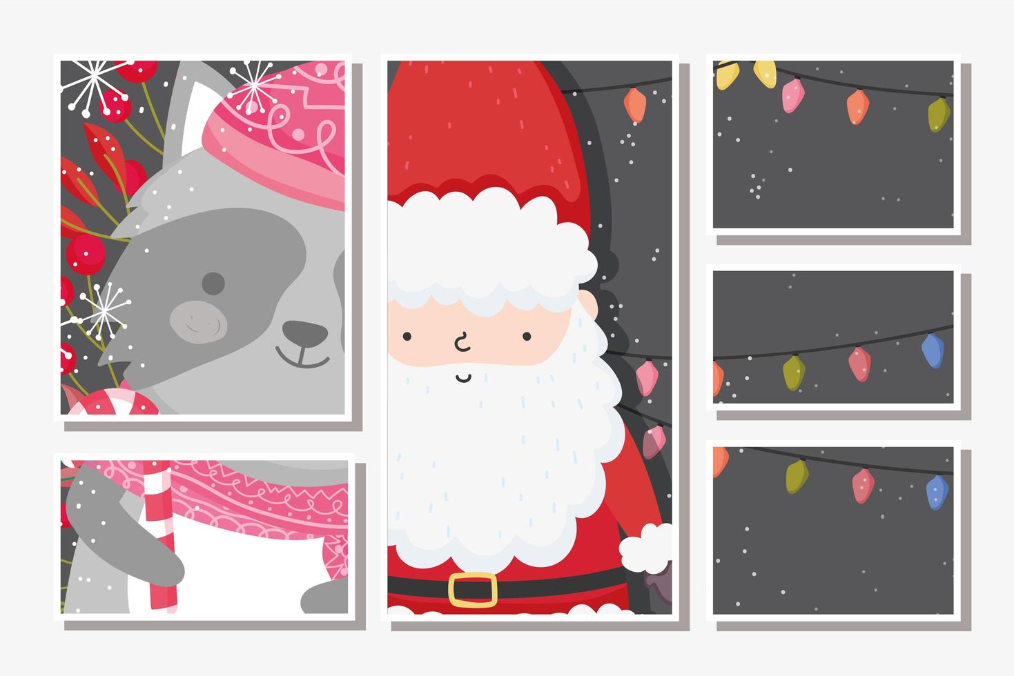 Frohe Weihnachtskarte mit fröhlichem Weihnachtsmann und Waschbär vektor