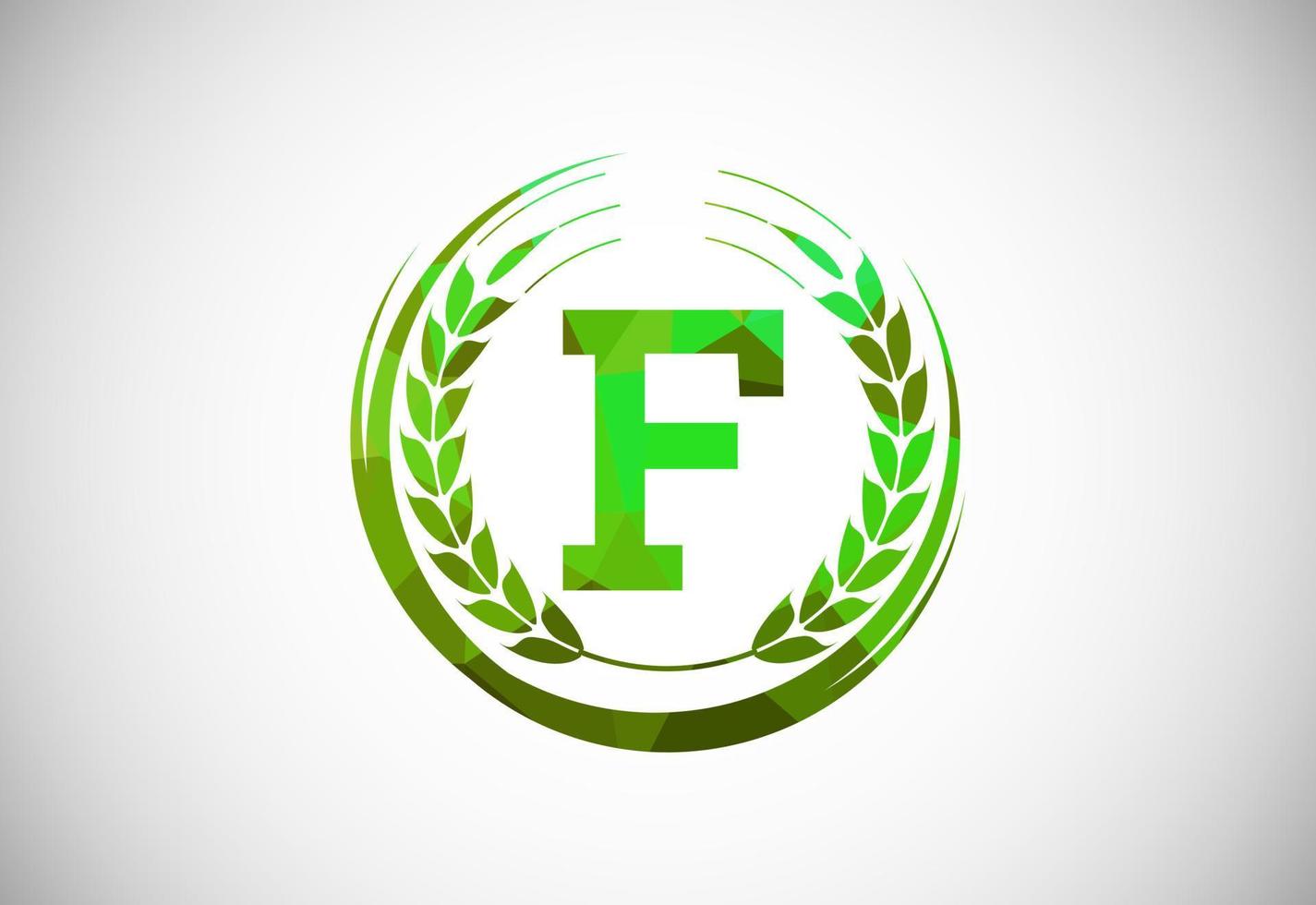 Alphabet f Zeichen mit ein Weizen Kranz. polygonal niedrig poly organisch Weizen Landwirtschaft Logo Konzept. Landwirtschaft Logo Design Vektor Vorlage.