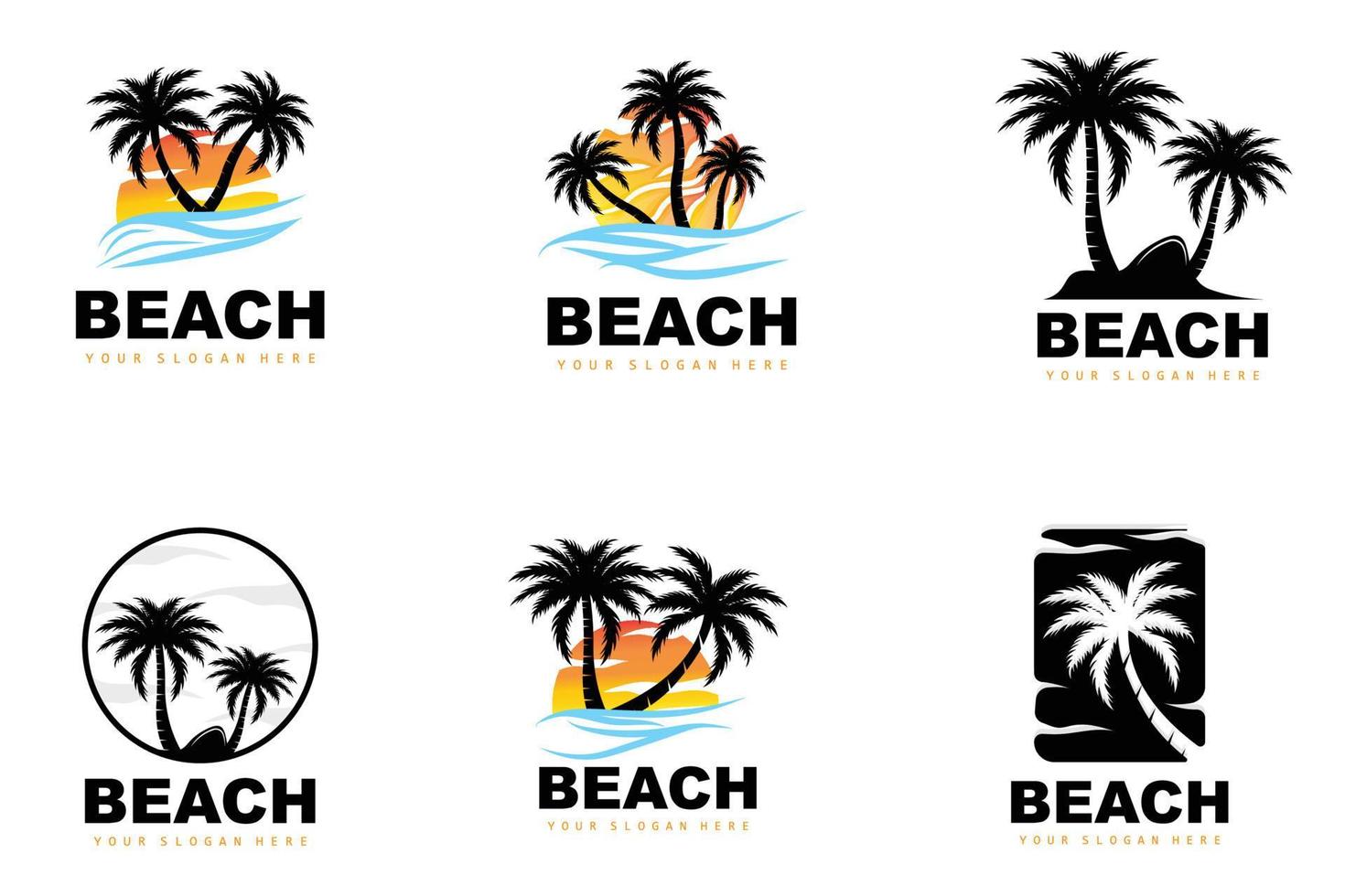 kokosnussbaum-logo mit strandatmosphäre, strandpflanzenvektor, sonnenuntergangsansichtsdesign vektor