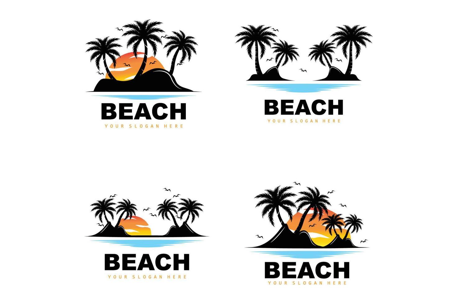 kokosnussbaum-logo mit strandatmosphäre, strandpflanzenvektor, sonnenuntergangsansichtsdesign vektor