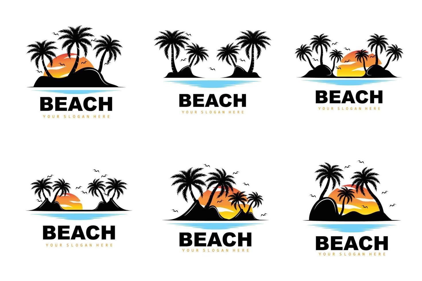 kokosnussbaum-logo mit strandatmosphäre, strandpflanzenvektor, sonnenuntergangsansichtsdesign vektor