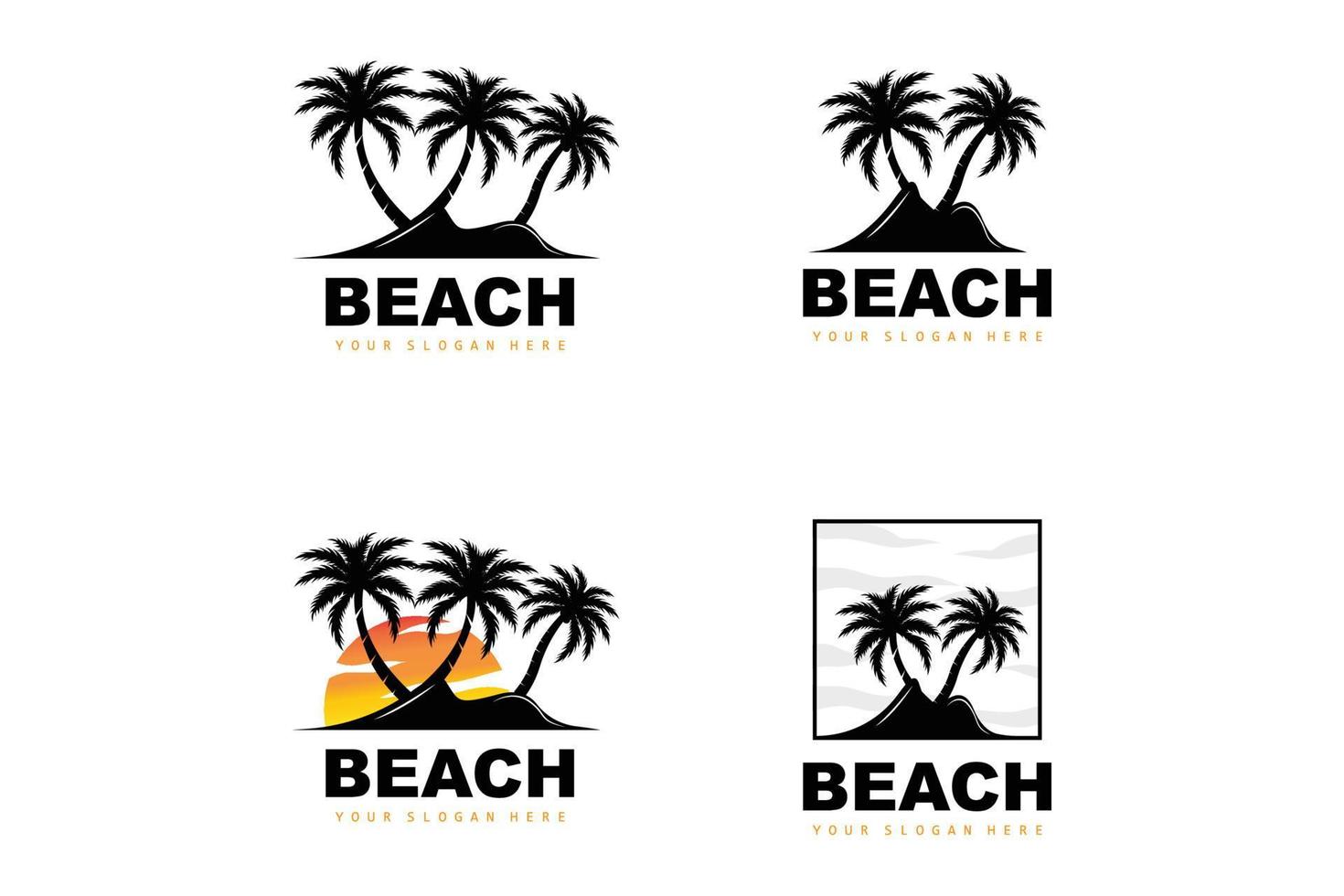 kokosnussbaum-logo mit strandatmosphäre, strandpflanzenvektor, sonnenuntergangsansichtsdesign vektor