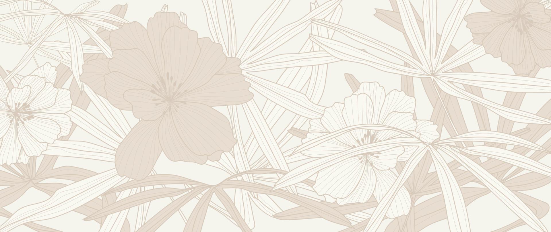 tropisk blad linje konst bakgrund vektor. naturlig botanisk blommor och handflatan löv design i minimalistisk linjär kontur enkel stil. design för tyg, skriva ut, omslag, baner, dekoration, tapet. vektor