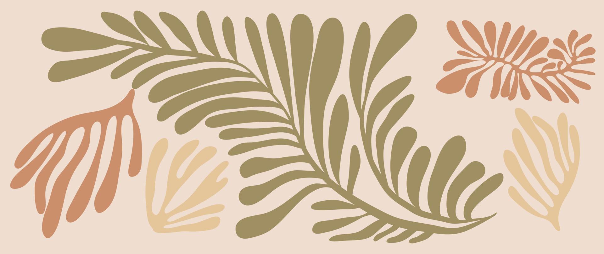 tropisch Blätter Hintergrund Vektor. abstrakt Urwald Palme Blatt Form, Hand gezeichnet Laub Design im minimalistisch Erde Ton Farbe Stil. Design zum Stoff, drucken, Abdeckung, Banner, Dekoration, Hintergrund. vektor