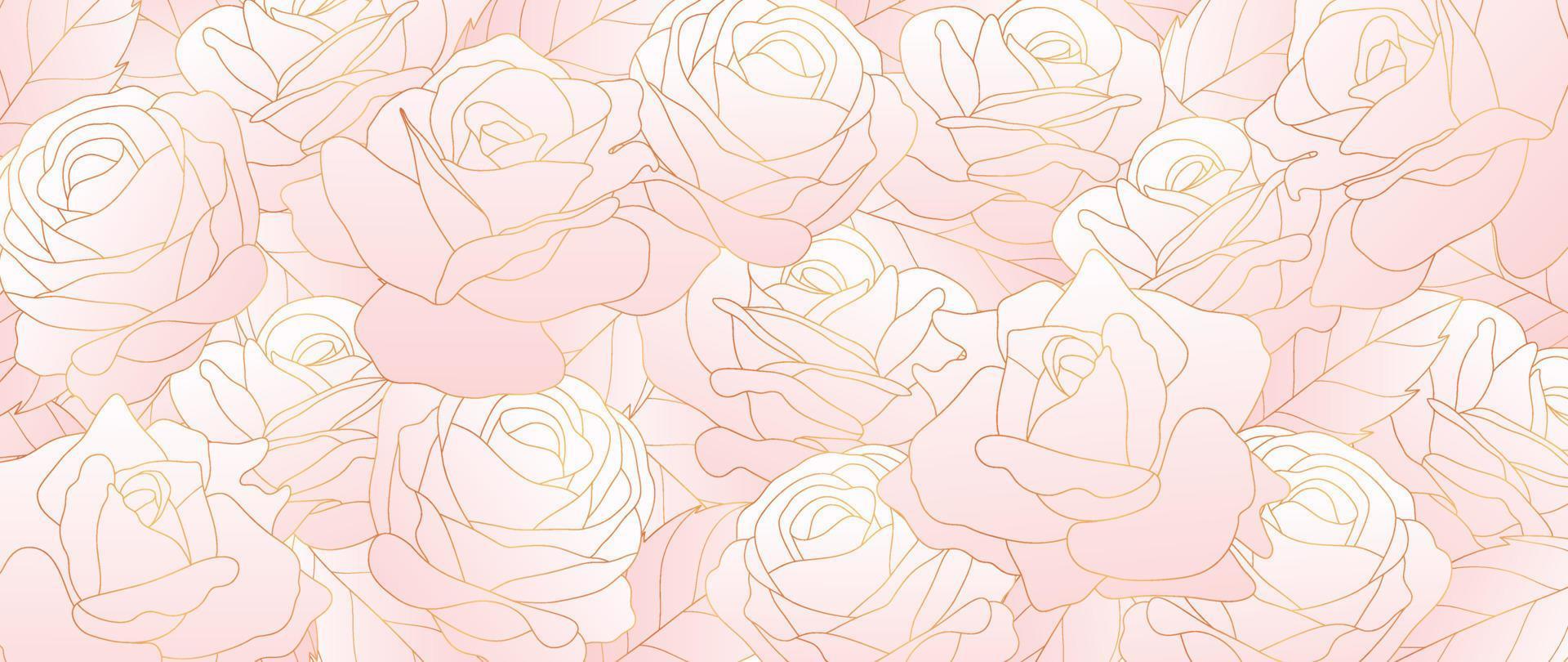 lyx tropisk blomma gyllene linje konst tapet. elegant botanisk lutning blek rosa reste sig blommor bakgrund. design för dekorativ, bröllop kort, Hem dekor, förpackning, skriva ut, omslag, baner. vektor