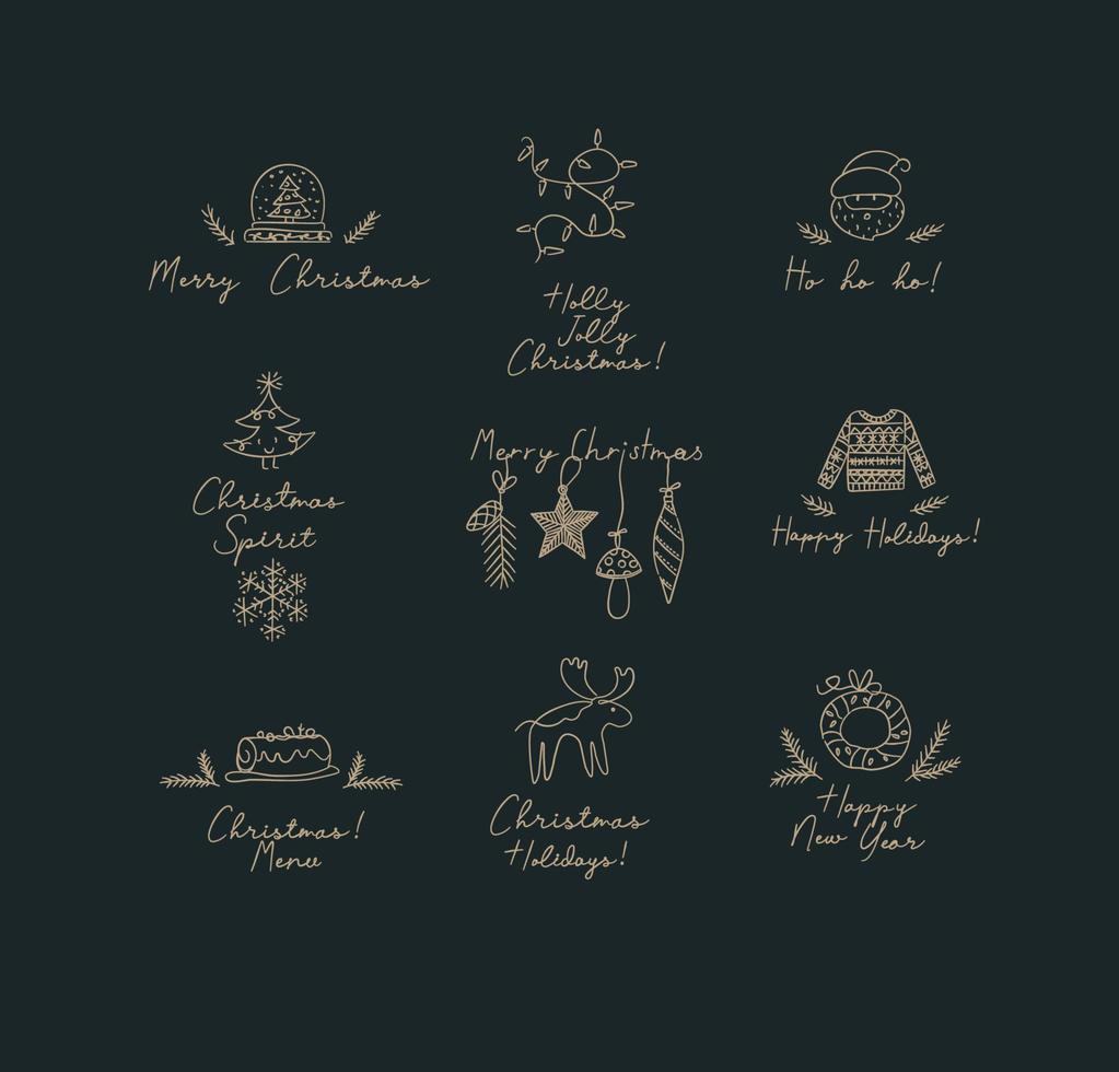 weihnachtsetiketten mit beschriftungszeichnung im handskizzenstil auf dunklem hintergrund vektor