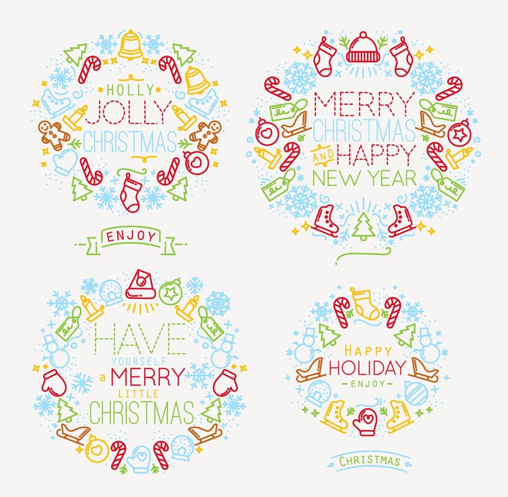 jul dekorativ symboler för vinter- högtider i platt stil, teckning förbi Färg rader vektor