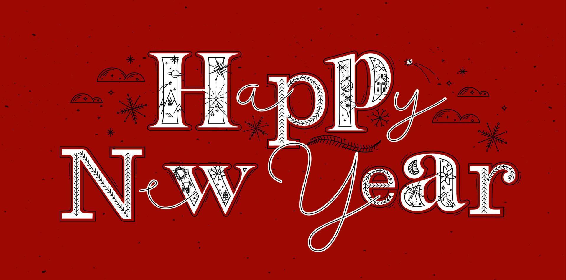 jul affisch text Lycklig ny år teckning i grafisk stil på röd bakgrund vektor