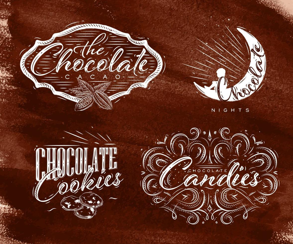 einstellen Schokolade Etiketten im Jahrgang Stil Beschriftung das Schokolade Kakao, Schoko Nacht, Kekse, Süßigkeiten Zeichnung auf braun Aquarell Hintergrund vektor