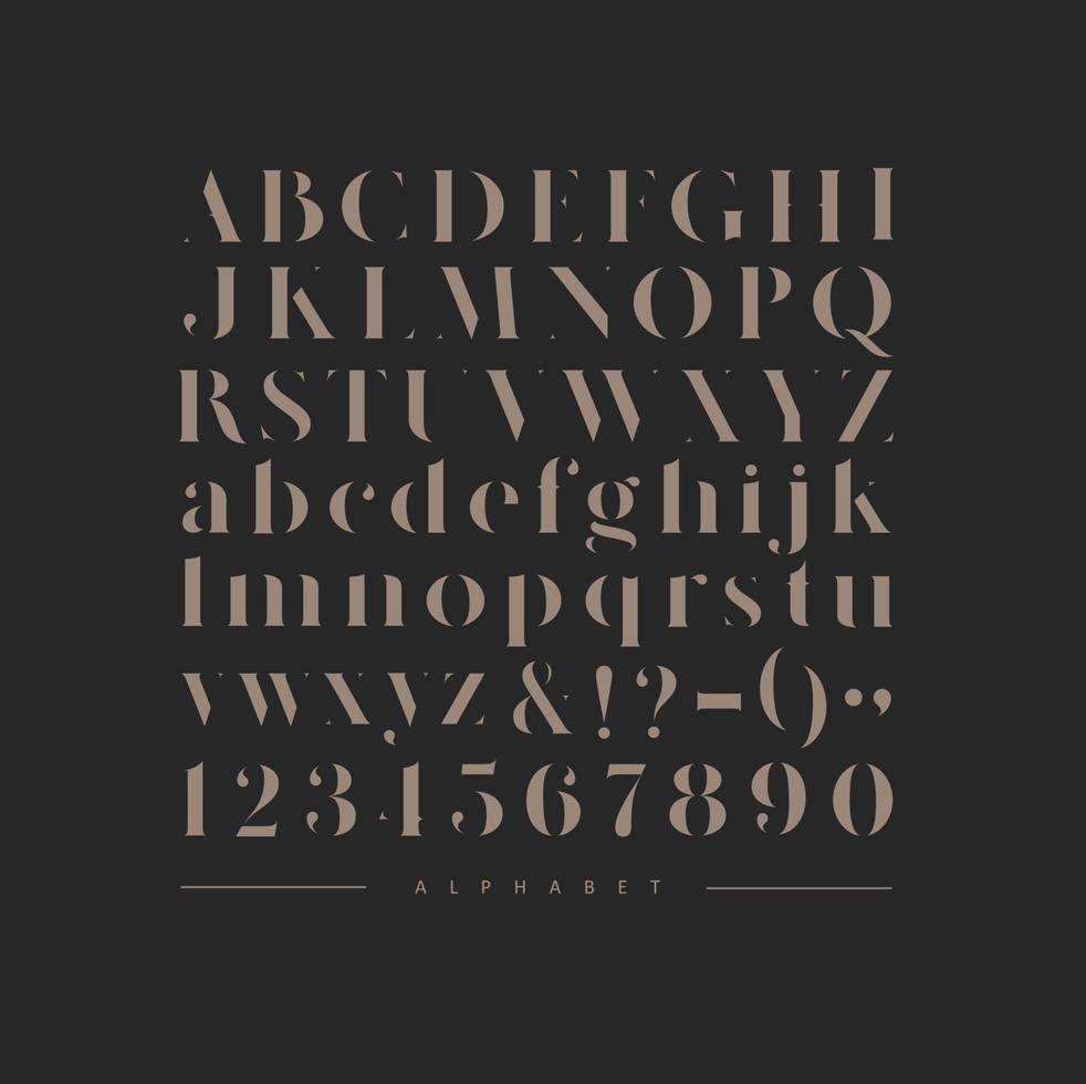 affisch eleganta alfabet. versal, små bokstäver brev och tal teckning på mörk Färg bakgrund. vektor