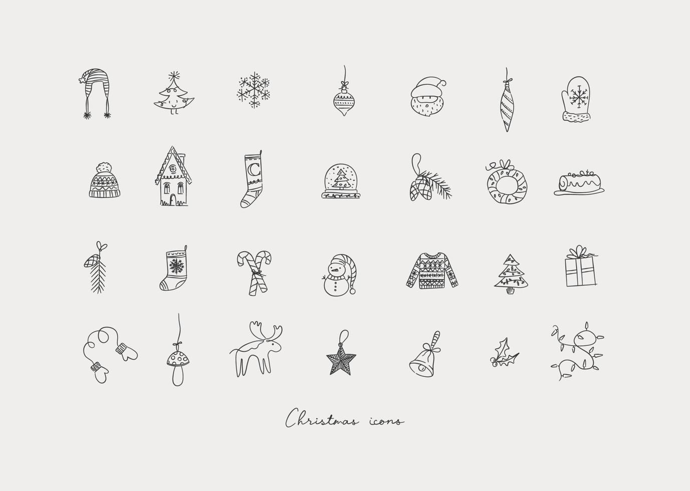 jul ikoner teckning i hand skiss stil på grå bakgrund vektor