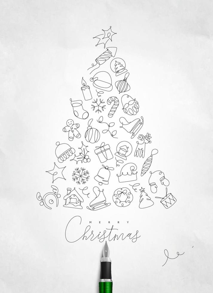 jul leksak träd teckning med penna linje på skrynkliga papper bakgrund vektor