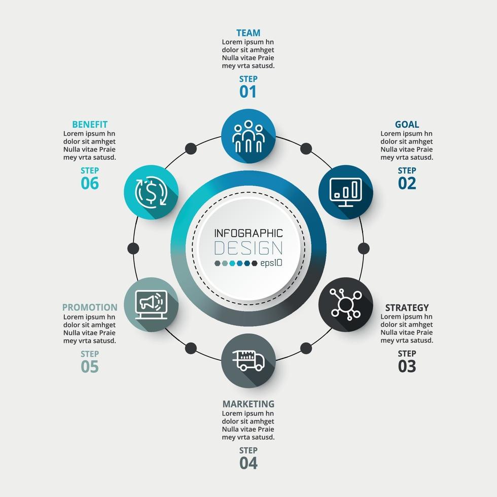 Kreisdiagramme mit 6 Workflows. kann für Unternehmens- oder Geschäftswerbung verwendet werden. vektor